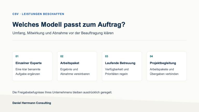 Vier Modelle für CSV-Leistungen: einzelner Experte, Arbeitspaket, laufende Betreuung und Projektbegleitung. Jeweils Umfang, Mitwirkung und Abnahme festlegen.