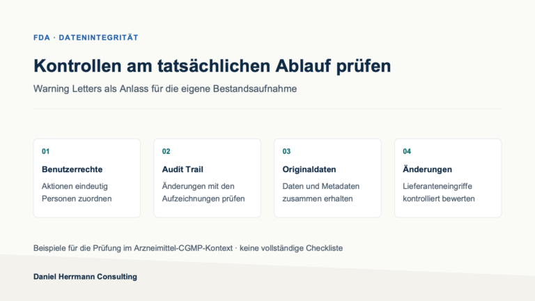 Vier Kontrollfelder aus dem Artikel zu FDA Warning Letters: individuelle Benutzerrechte, Audit-Trail-Prüfung, vollständige Originaldaten und geregelte Änderungen.